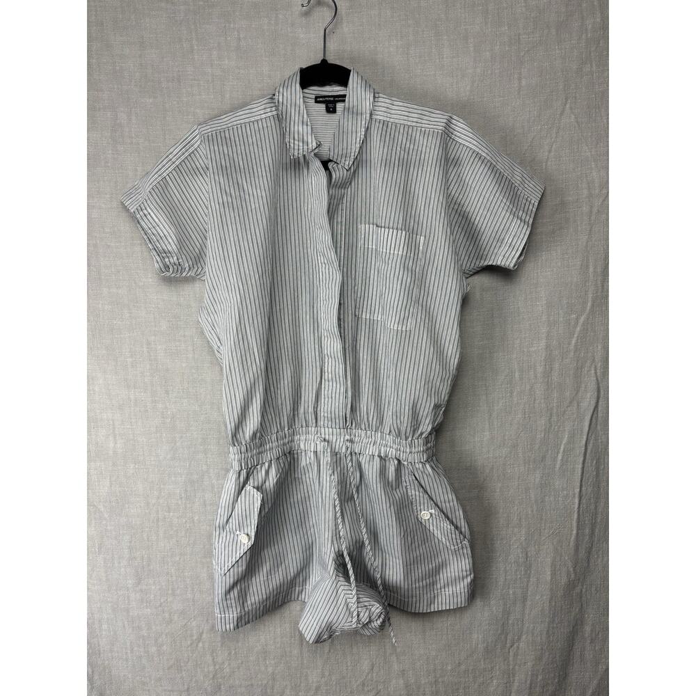 James Perse Womens Cotton Short Sleeve Striped Collared Romper Gray Size 0